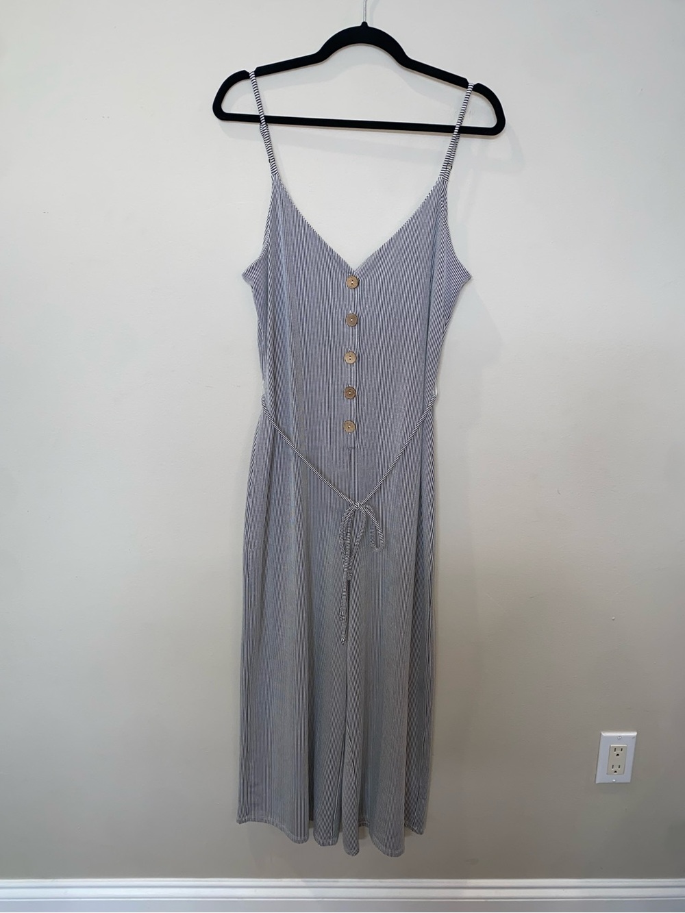 Daytrip Black & White Striped Button-Front Spaghetti Strap Casual Jumpsuit